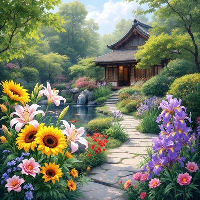 The primary subject of the image is a beautiful garden with a variety of flowers, including sunflowers, lilies, and purple flowers. The garden is situated in front of a house, which serves as the setting for the scene. The visual style of the image is a digital art or illustration, creating a vibrant and colorful atmosphere. The dominant colors in the scene are yellow, purple, and pink, which contribute to the overall mood of the image.